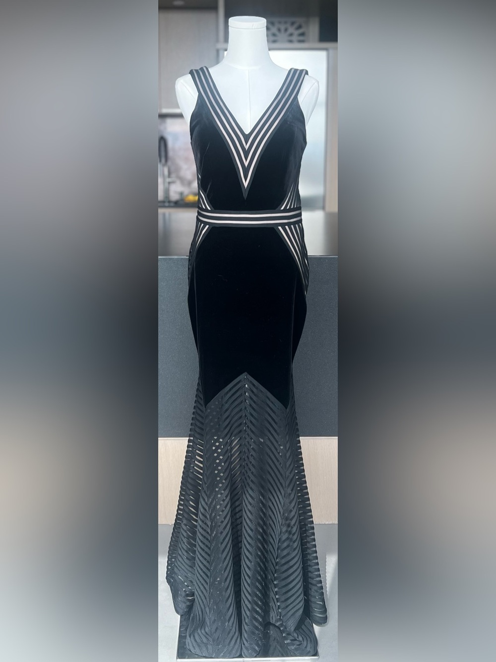 Xscape Black Maxi Dress with Sheer Chevron Stripes